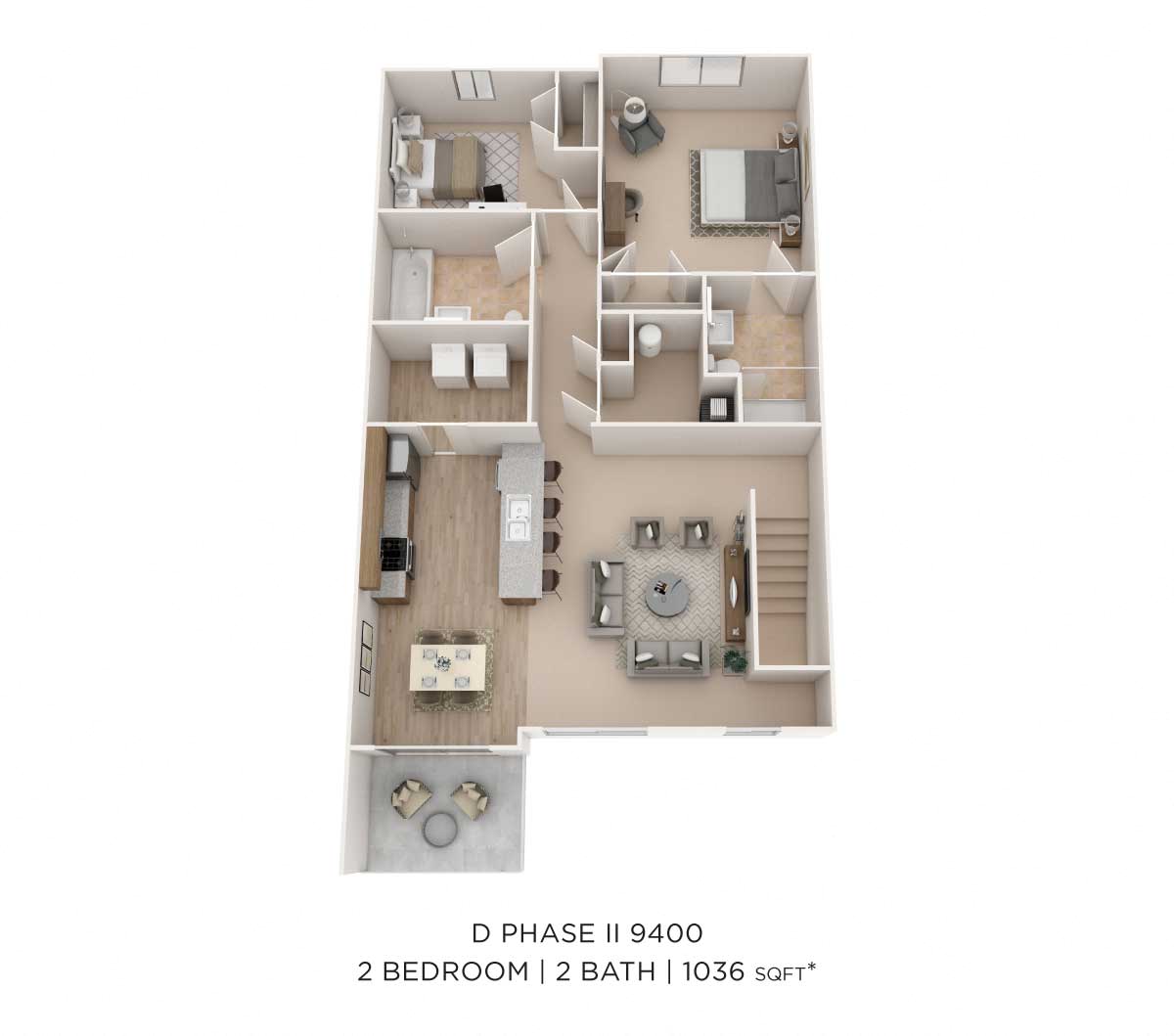 Floor plan for 2 beds, 2 baths, 1036 sqft